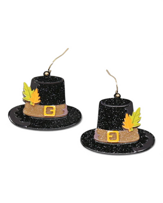 Pilgrim hat earrings with glitter accents and fall leaf details.