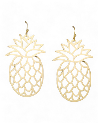 A pair of gold-tone earrings in the shape of pineapples with a cutout design, showcasing a fun and tropical style.