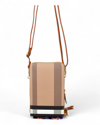 Beige crossbody bag with a colorful base on a white background