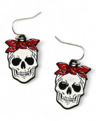 Skull-shaped earrings with red bandanas on a white background