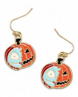 Pumpkin-shaped earrings with jack-o'-lantern design on a white background