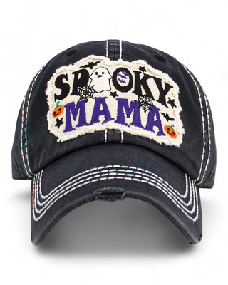 Black Distressed caps with 'Spooky Mama' patch featuring a ghost, bats, and pumpkins