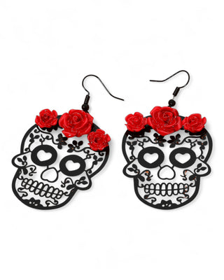 Black sugar skull earrings with 3D red roses on a white background