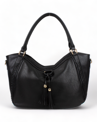 A black vegan leather hobo bag with tassels