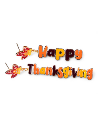 Colorful 'Happy Thanksgiving' statement earrings with autumn leaves accent.