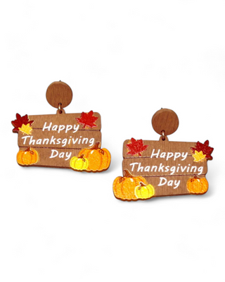 Wooden 'Happy Thanksgiving Day' earrings with pumpkin and leaf details