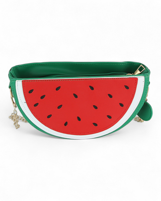 Watermelon-patterned clutch bag on a white background