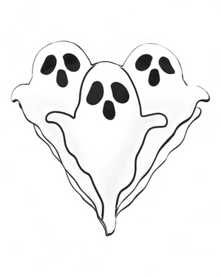 A white crossbody bag featuring a design of three friendly ghosts with black eyes and mouths