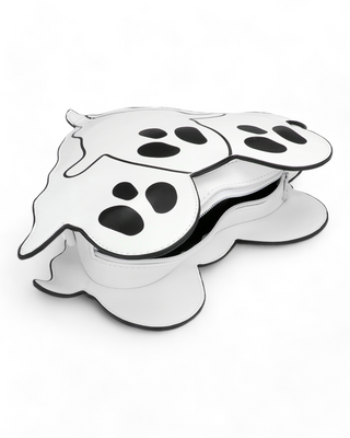 A white crossbody bag featuring a design of three friendly ghosts with black eyes and mouths