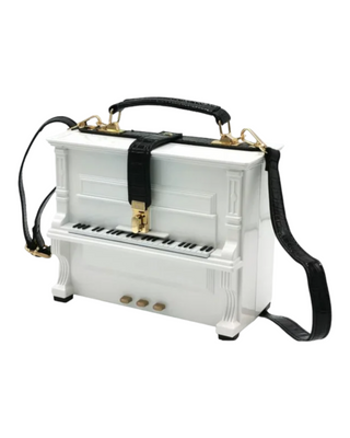 An elegant white structured handbag with a glossy finish and crocodile texture, featuring gold-tone hardware accents and a detachable shoulder strap.