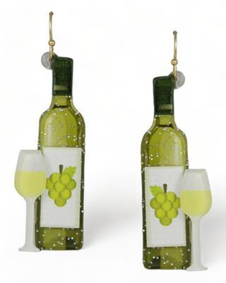 Dangling earrings designed as white wine bottles with a grape cluster label, paired with a glass of white wine, all set in a translucent green acrylic that mimics glass