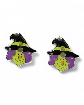 Witch-themed earrings with black hats and purple faces on a white background