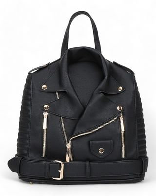 Unique backpack designed like a biker jacket, featuring zipper details, multiple compartments, and adjustable straps, displayed on a clean, white background