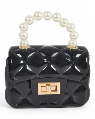 Small glossy quilted handbag with pearl bead handle and gold turn-lock closure