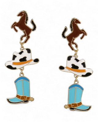 Dangling earrings featuring a rearing horse, a cowboy hat, and a blue cowboy boot,
