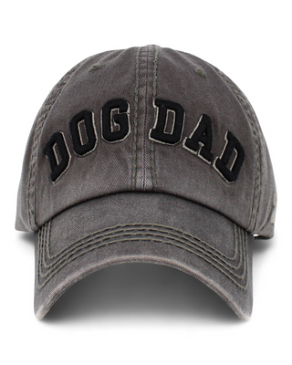Gray cap with 'DOG DAD' text on a white background