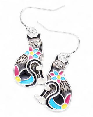 Floral Cat Dangle Earrings