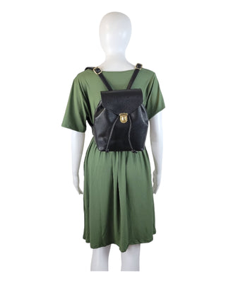 Faux leather black backpack, with a drawstring closure.