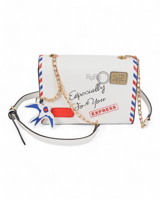 A white crossbody bag designed to resemble an air mail envelope, featuring red and blue accents, "Especially For You" lettering, gold chain details, and a decorative swallow keychain.