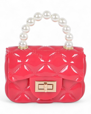 Small glossy quilted handbag with pearl bead handle and gold turn-lock closure
