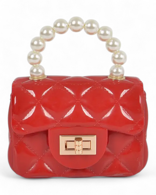 Small glossy quilted handbag with pearl bead handle and gold turn-lock closure