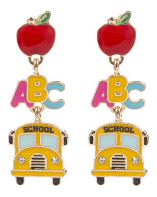 Earrings with red apples, 'ABC' letters, and yellow school buses on a white background