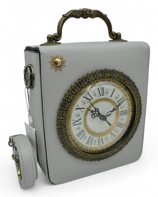 White handbag with a decorative clock face on a white background