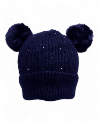 Blue dual pom knit hat with rhinestones