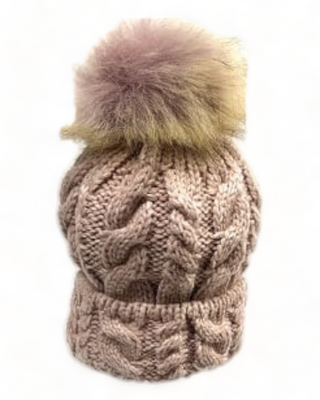 Pink cable knit hat with pom