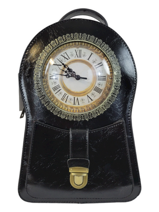 Black backpack with a working clock face. Clock handbag.