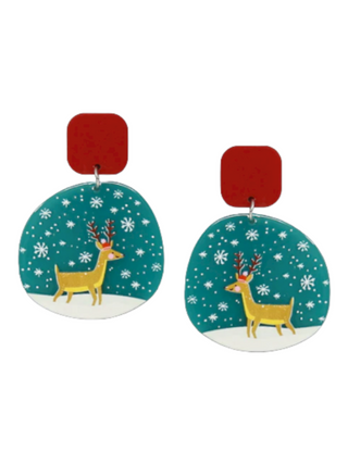 round earrings depicting a reindeer in snow